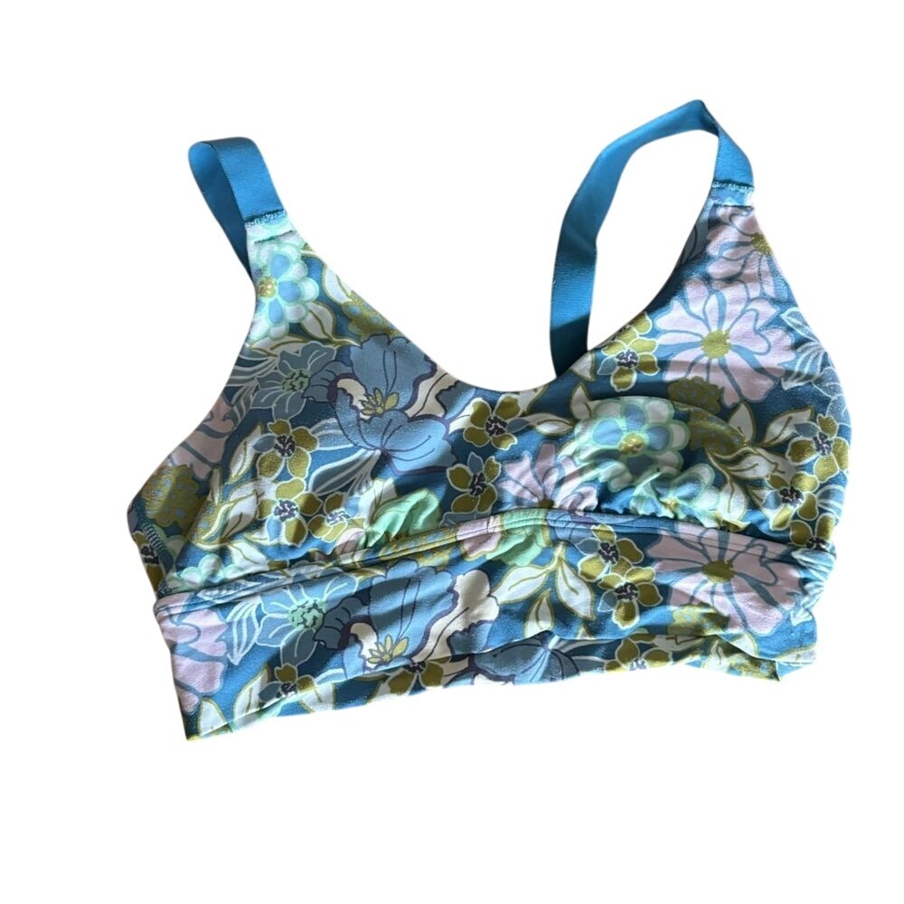 OFFLINE By Aerie Blue Green Floral V-Neck Sports Bra Activewear Size S/P/CH